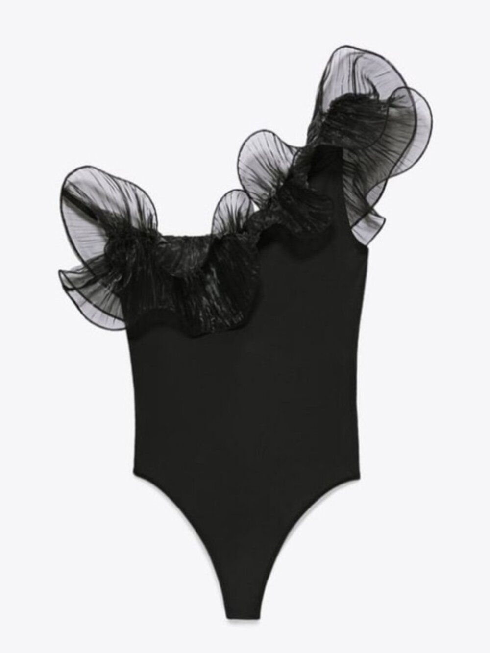 NWT Zara Black One Shoulder Tulle Ruffle Bodysuit S